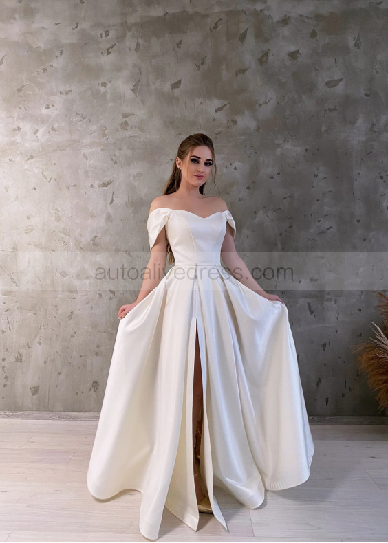 Off Shoulder Ivory Satin High Slit Simple Wedding Dress